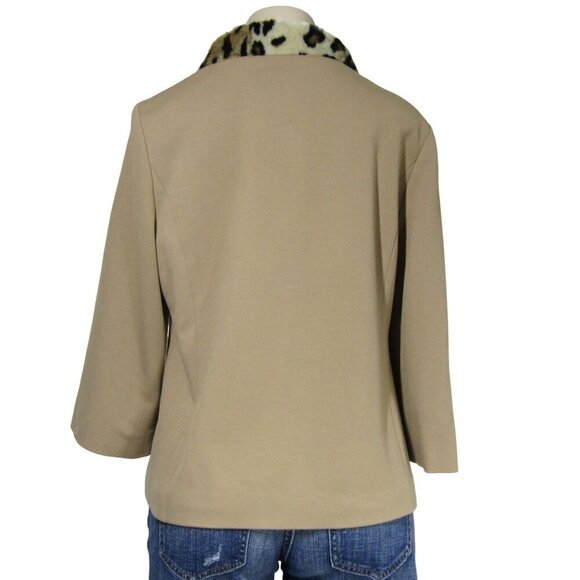CHICOS Camel Tan LEOPARD Animal Print Faux fur Collar Retro Swing Jacket 1 M 8 - Picture 5 of 14